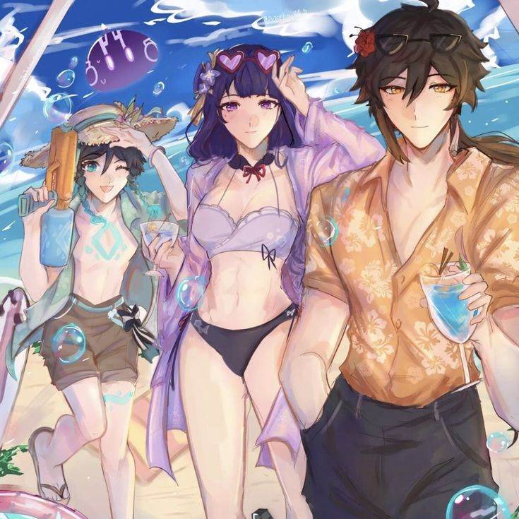 на море с персонажами Геншин